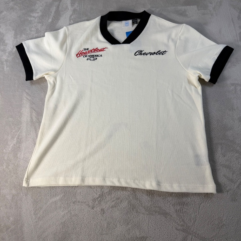 GM Chevrolet Heartbeat of America Ringer Tee Womens LG White Ribbed Racing Shirt
